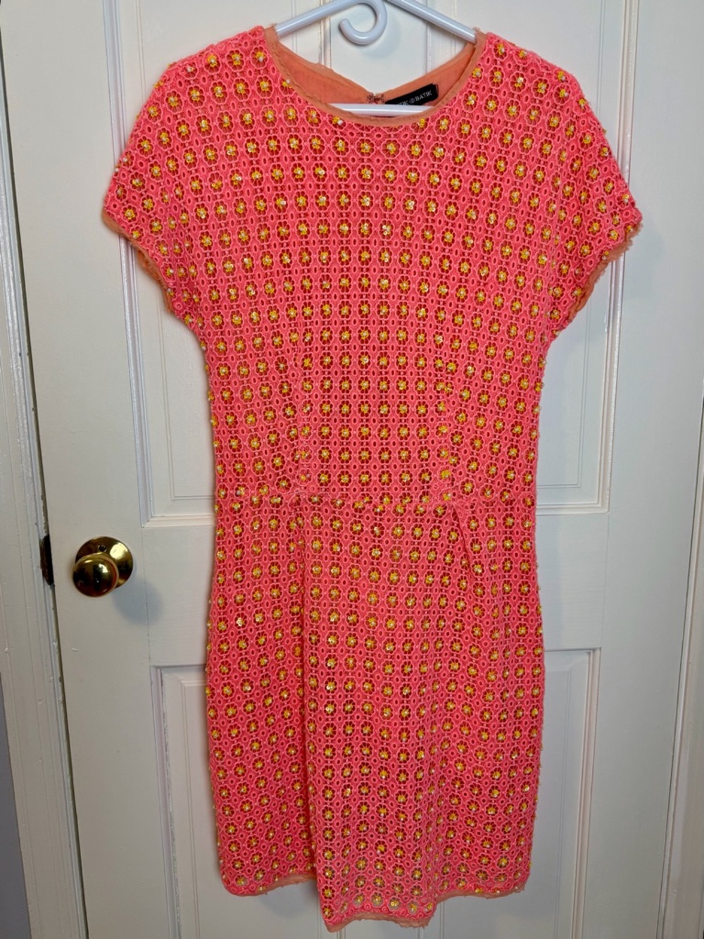 Antik Batik Designer Peach Knee Length Eyelet Embroidery Crochet Beaded Dress, M